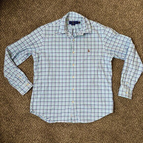 Ralph Lauren Men's Classic Fit Blue Plaid Button Down.  100% cotton SIze Large - Picture 1 of 6